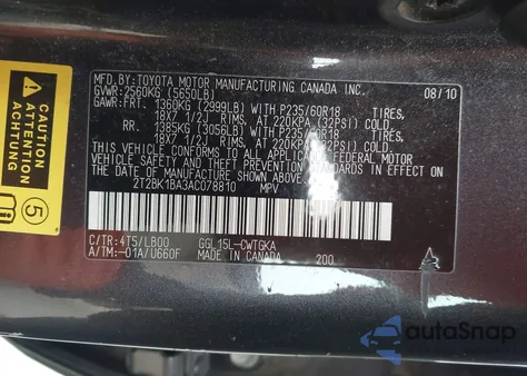 2010 Lexus Rx 350 z USA, uszkodzony, nr VIN 2T2BK1BA3AC078810